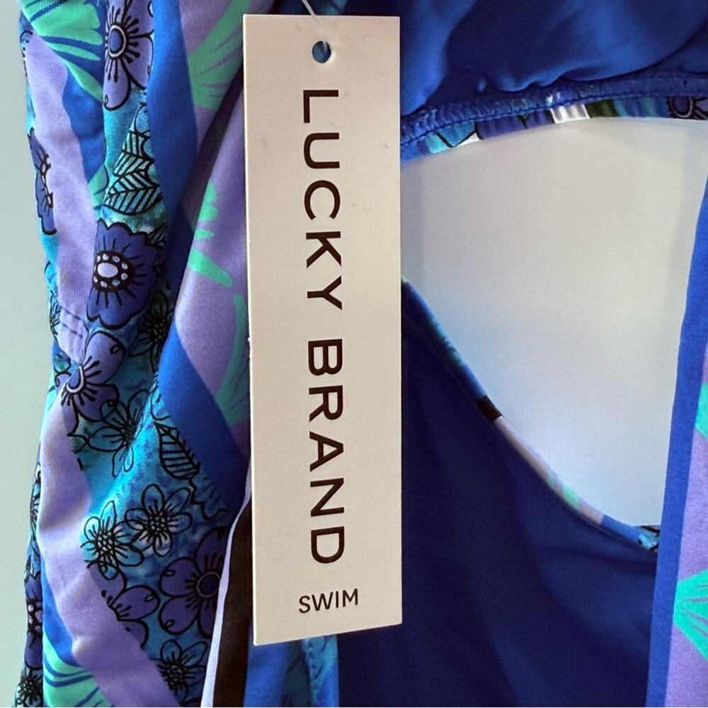 NWT Lucky Brand V-Neck Mixed Media Multi Print Cut Out One Piece Swimsuit Size L - Picture 11 of 13